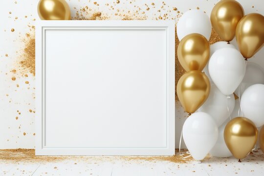 A white frame with balloons and gold glitter on it 