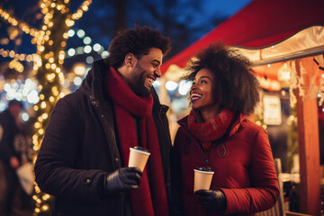 Happy black couple woman and man drink hot coffee and walk outside. Christmas holiday weekend. Decorated city lights garland.