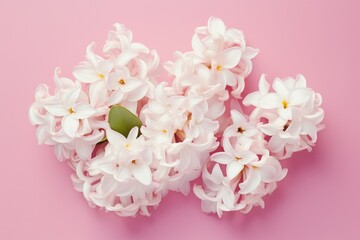 close up of white hyacinth flower arrangement against pink background