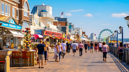 Bustling seaside boardwalk colorful shops festive atmosphere --ar 16:9 --v 5.2 --style raw