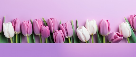 colorful arrangements of tulips on violet background,