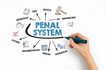 Penal System Concept. Chart with keywords and icons on white background