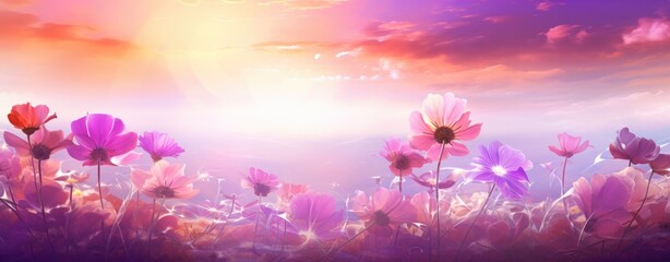 Fototapeta premium colorful flowers with sun shine over them,