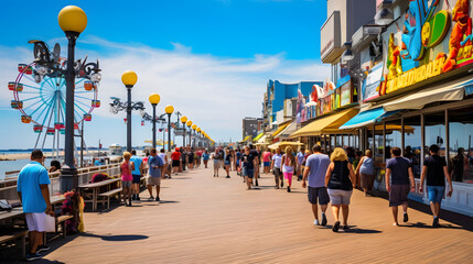 Bustling seaside boardwalk colorful shops festive atmosphere --ar 16:9 --v 5.2 --style raw