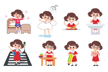 Cute cartoon girl student character. Cartoon Kid in daily routine activity pose.