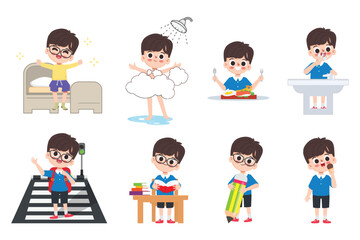 Cute cartoon boy student character. Cartoon Kid in daily routine activity pose.