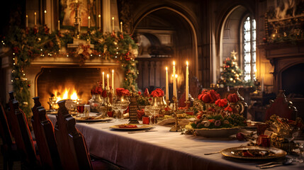 Fototapeta na wymiar Christmas banquet medieval castle grandeur candlelight --ar 16:9 --v 5.2 --style raw