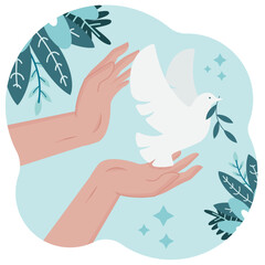 Illustration vectorielle éditable pour la liberté - Mains ouvertes qui lâchent une colombe - Journée de la Paix - Symbole de liberté - Oiseau qui s'envole - Illustration aux couleurs douces  - obrazy, fototapety, plakaty