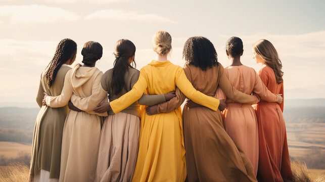 Diverse women celebrate unity and collaboration, fostering solidarity in warm, inclusive tones, symbolizing strength and shared purpose