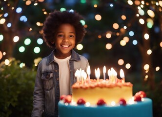 cute 5 year old black American kid celebrating birthday at the garden of house, with birthday cake and candle