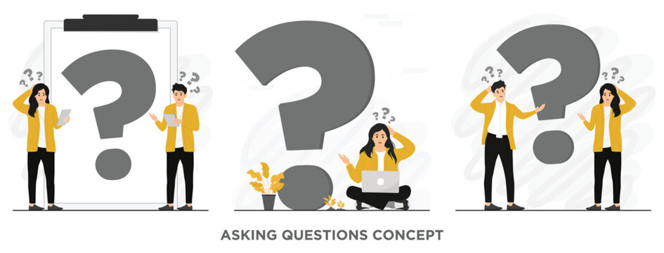 Flat vector people doubt asking questions looking phone flat illustration