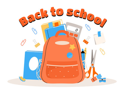 Back to school poster. Red backpack with bruses and pencils near textbook and diary. Education and learning, traning. 1 Septemper international day of knowledge. Cartoon flat vector illustration