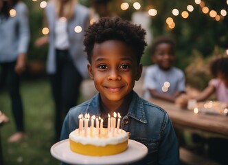 Sweet 5 year old black american kid celebrating her birthday in her backyard with birthday cake.