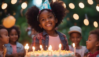 Sweet 5 year old black american kid celebrating her birthday in her backyard with birthday cake. - obrazy, fototapety, plakaty