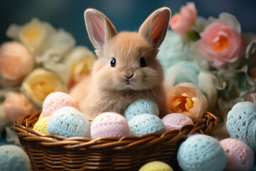 Fototapeta na wymiar handmade knitted stuffed toy cute rabbit for Easter in spring