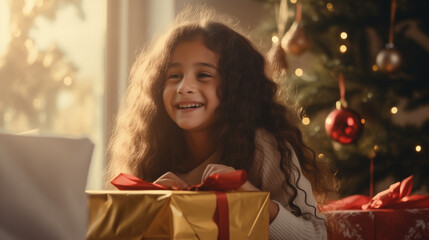 Happy New Year. Portrait of excited little arab american girl laughing while holding xmas gift box on Christmas tree background. Winter holidays, celebrations and party. Generative AI.