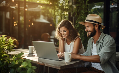 couple looking at their laptop on table near a patio outdoors,