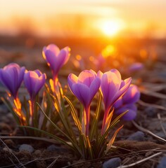 Obraz na płótnie Canvas crocus flower at sunrise close up in the field