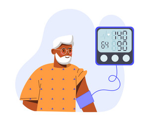 Blood pressure measurement concept. Elderly man with tachometer. Health care and medicine. Diagnosis and treatment. Poster or banner. Cartoon flat vector illustration isolated on white background