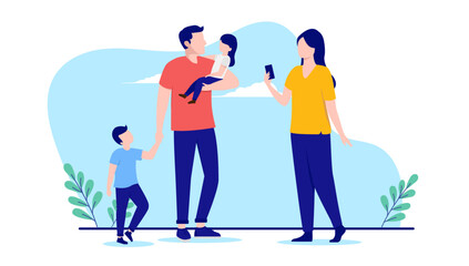 Family of four outdoors - Parents with two children taking photo with phone and enjoying leisure activity. Flat design vector illustration with white background