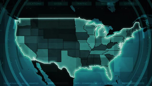 United States Map with States, Airports and Highways. Blue. Zoom in from World Map to USA Map.  HUD Interface.