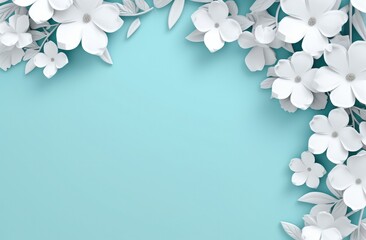 flowers leaves and white frame on the blue background,