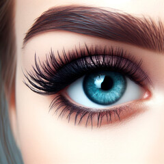 Obraz premium Big blue eye, long black eyelashes and eyebrow in pretty female face. Beautiful blue young woman eye. ai generative