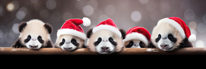 Christmas banner with cute panda bears. Group of pandas with red Santa hats above white banner...