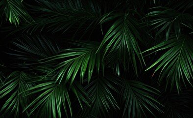 green palm leaves in a dark background,