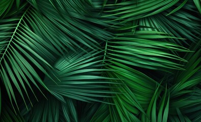 green palm leaves in a dark background,