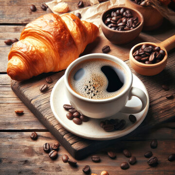 Cup of coffee with coffee bean, pastry, croissant on rustic wooden table background, copy space. ai generative