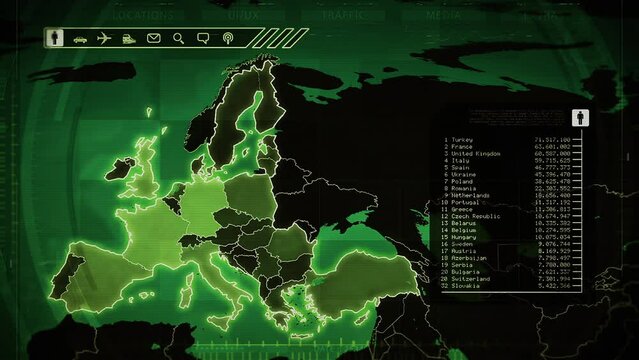 European Map with Countries, Airports, Roads and Railroads. Green. Zoom in from World Map to Highly Detailed Europe map. Chart with Information.
