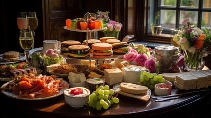 A sumptuous afternoon tea spread, replete with finger sandwiches and scones, as part of a Wimbledon...