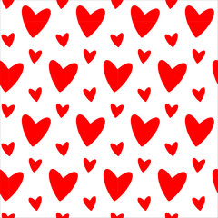 Red heart silhouettes seamless pattern. Random scattered red hearts background. Love or Valentine theme. Cartoon heart pattern for wedding, postcards, print, poster, party, Valentine day, textile
