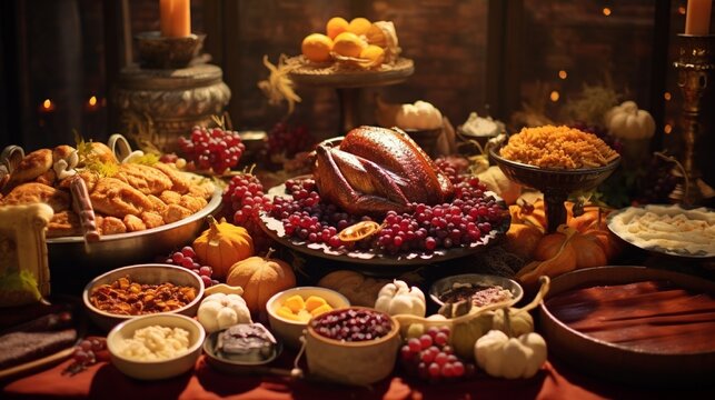 A sumptuous feast featuring turkey, cranberry sauce, and pumpkin pie during Thanksgiving.