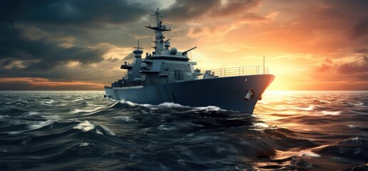military ship in the ocean at sunset,