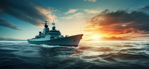 military ship in the ocean at sunset, - obrazy, fototapety, plakaty
