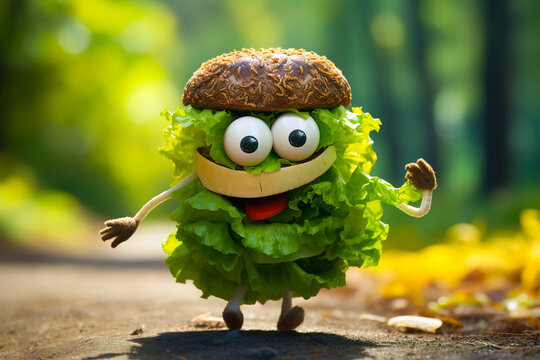 Cheerful funny character hamburger with salad and vegetables walks in the city.