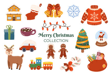 Christmas collection of different elements such a winter yellow house, bells with red bow, cocoa with marshmallow, car in snow, candy cane, deer, sweater and train toy.