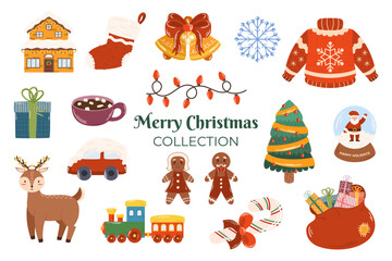 Fototapeta premium Christmas collection of different elements such a winter yellow house, bells with red bow, cocoa with marshmallow, car in snow, candy cane, deer, sweater and train toy.