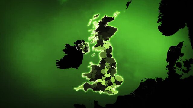 
Green Map of United Kingdom with Administrative Units, Airports and Roads. 