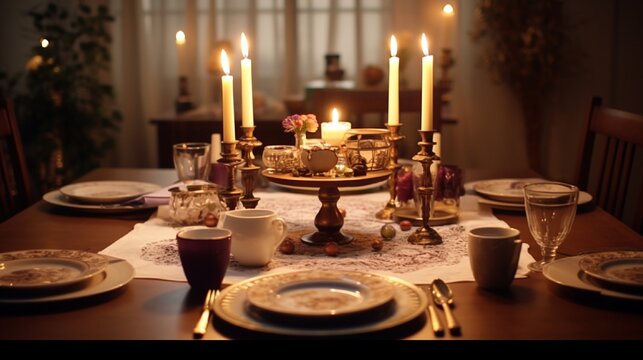 A table set for a Passover Seder with candles and Seder plate.