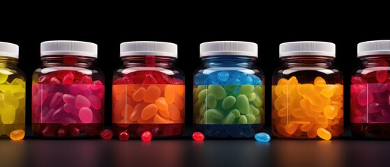 Colorful assorted nutritional supplement pills in transparent bottles arranged in row against black background. Health supplements and vitamins for wellbeing.