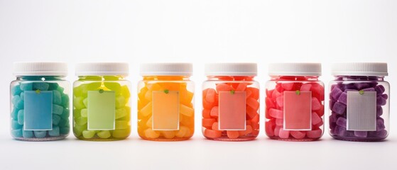 Row of colorful assorted candies in transparent bottles with blank labels arranged in line on white background. Variety and choice in sweets.
