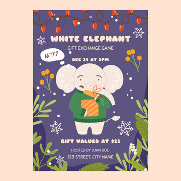 White elephant gift exchange party game template. Funny grumpy character in green sweater who is surprised by what he sees in the gift box. Christmas party
