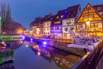 Traditional half-timbered houses in old town of Colmar at Christmas time, Alsace, France
