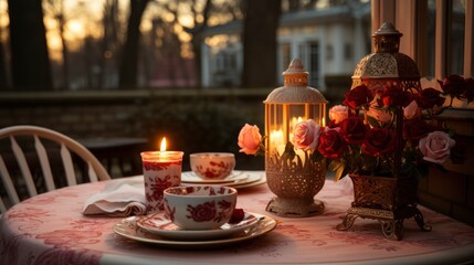 Fototapeta na wymiar Romantic Dinner Table Set Two Home, Background Image, Desktop Wallpaper Backgrounds, HD