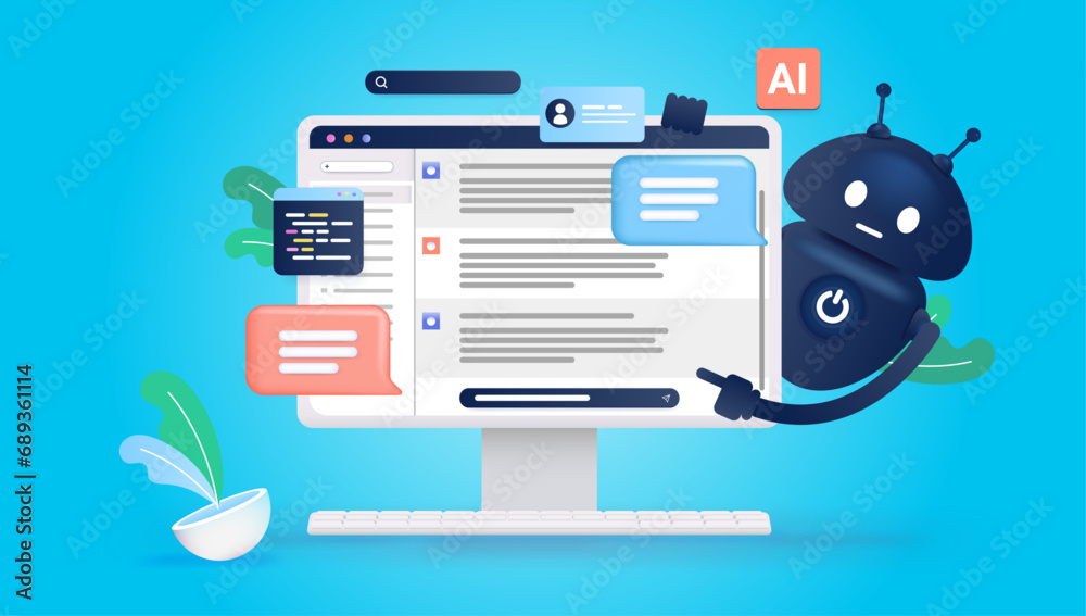 Poster Ai chat on computer screen with artificial intelligence robot pointing at screen on blue background. Vector illustration