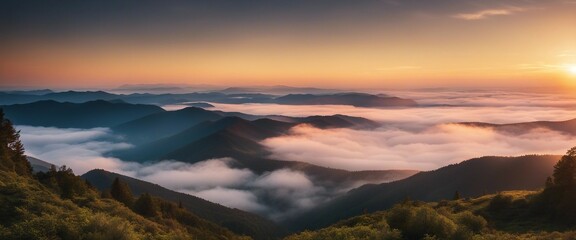 sunrise view over the foggy mountains
