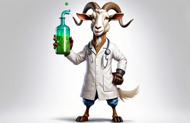 anthropomorphic caricature goat wearing a chemistry clothing with chemical tools